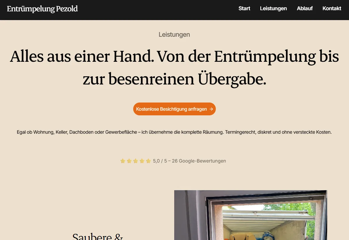 Website von Entrümpelung Pezold